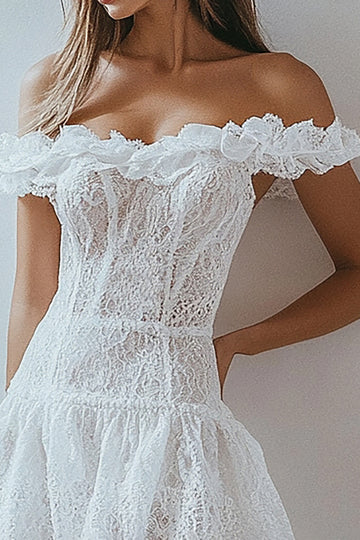White Off The Shoulder A Line Ruffles Lace Short Graduation Dress